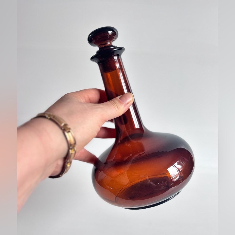 Vintage Amber Glass Bottle With Stopper Heavy Decorative Decanter Style